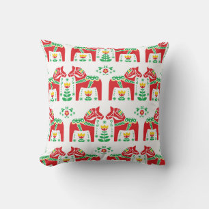 Swedish Dala Horse: Folk Art Throw Pillow