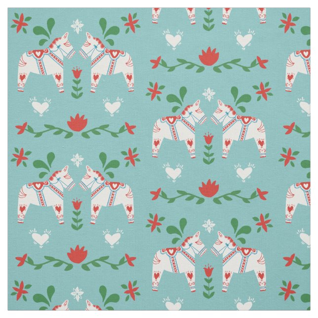 Swedish Dala Horse Folk White Blue Red Christmas Fabric (Swatch)