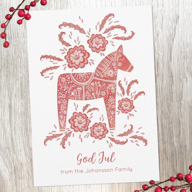 Swedish Dala Horse God Jul Holiday Card (God Jul personalized red and white Swedish Dala Horse holiday card)