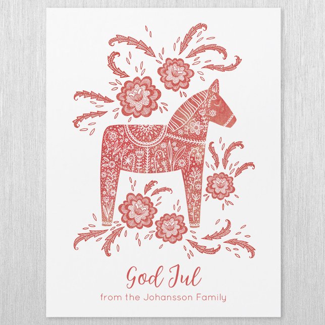 Swedish Dala Horse God Jul Magnetic Holiday Card (Swedish Dala Horse God Jul personalized magnetic holiday card)