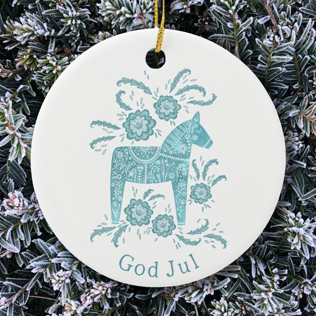 Swedish Dala Horse God Jul Teal White Ceramic Ornament (Creator Uploaded)
