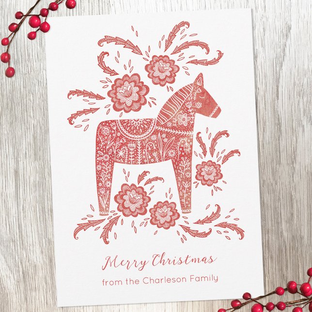 Swedish Dala Horse Holiday Card (Swedish Dala Horse red and white personalized Christmas holiday card)