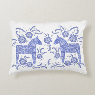 Swedish Dala Horse Indigo Blue and White Accent Pillow