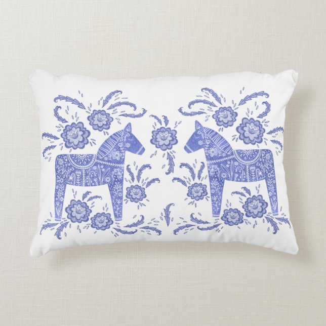 Swedish Dala Horse Indigo Blue and White Accent Pillow (Front)