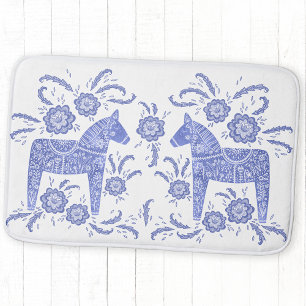 Swedish Dala Horse Indigo Blue and White Bath Mat