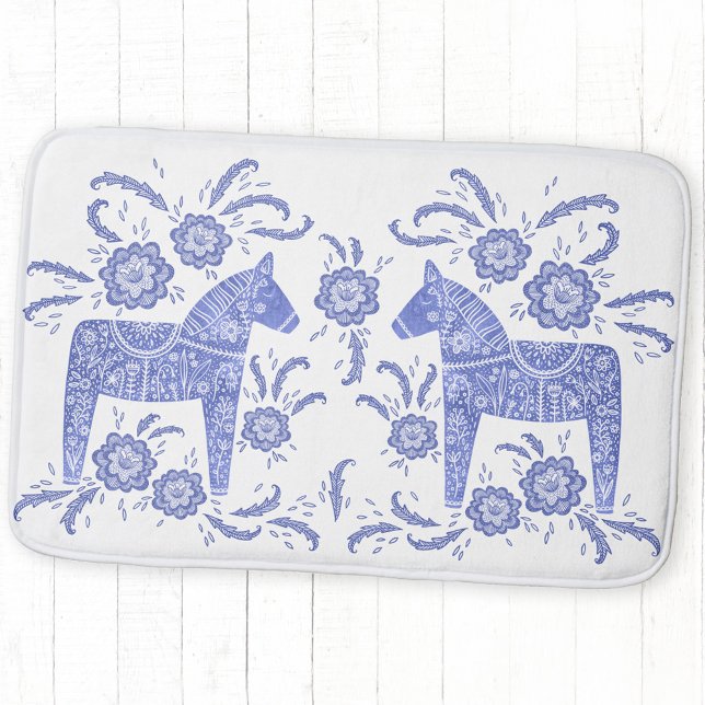Swedish Dala Horse Indigo Blue and White Bath Mat (Swedish Dala Horse blue and white folk art bath mat)