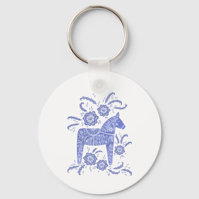 Swedish Dala Horse Indigo Blue and White Keychain (Front)