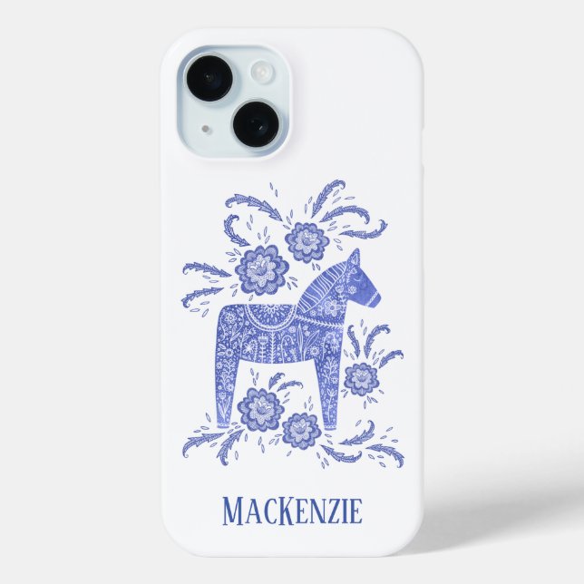 Swedish Dala Horse Personalized Blue Case-Mate iPhone Case (Back)