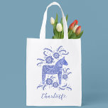 Swedish Dala Horse Personalized Reusable Grocery Bag<br><div class="desc">A pretty traditional Swedish Dala Horse in blue and white with script typography.  Change the name to personalize.  Original art by Nic Squirrell.</div>