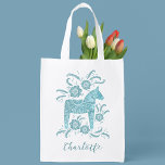 Swedish Dala Horse Personalized Reusable Grocery Bag<br><div class="desc">A pretty traditional Swedish Dala Horse in teal green and white with script typography.  Change the name to personalize.  Original art by Nic Squirrell.</div>