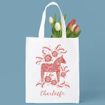 Swedish Dala Horse Personalized Reusable Grocery Bag<br><div class="desc">A pretty traditional Swedish Dala Horse in red and white with script typography.  Change the name to personalize.  Original art by Nic Squirrell.</div>