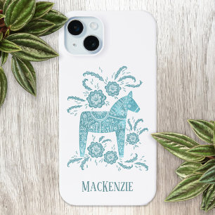 Swedish Dala Horse Personalized Teal iPhone 15 Mini Case