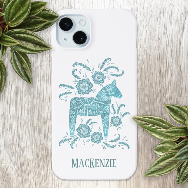 Swedish Dala Horse Personalized Teal Case-Mate iPhone Case (Swedish Dala Horse personalized name cell phone case)