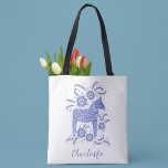 Swedish Dala Horse Personalized Tote Bag<br><div class="desc">A pretty traditional Swedish Dala Horse in blue and white with script typography.  Change the name to personalize.  Original art by Nic Squirrell.</div>