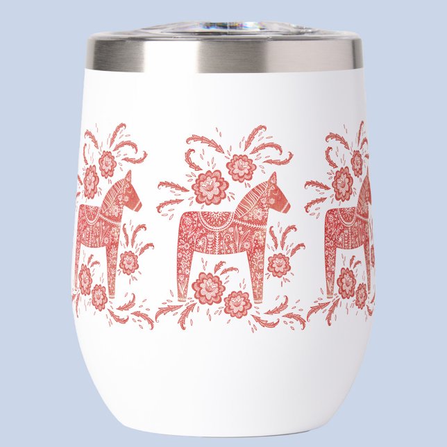 Swedish Dala Horse Red and White (Red and white Swedish Dala horse Scandinavian folk art thermal wine tumbler)