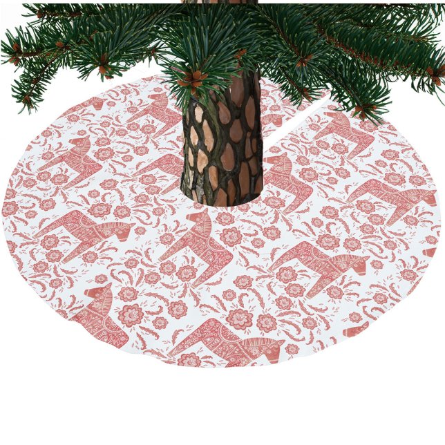 Swedish Dala Horse Red and White Brushed Polyester Tree Skirt (Red and white Swedish Dala Horse pattern festive Christmas tree skirt)