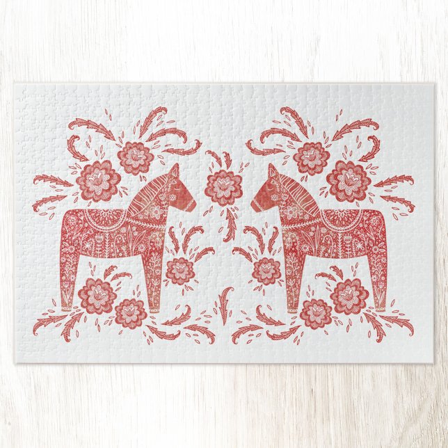Swedish Dala Horse Red and White Jigsaw Puzzle (Beautiful red and white Swedish Dala Horse folk art design jigsaw puzzle)