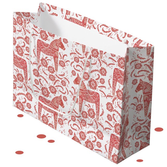Swedish Dala Horse Red and White Large Gift Bag (Red and white Swedish Dala horse pattern large gift bag)