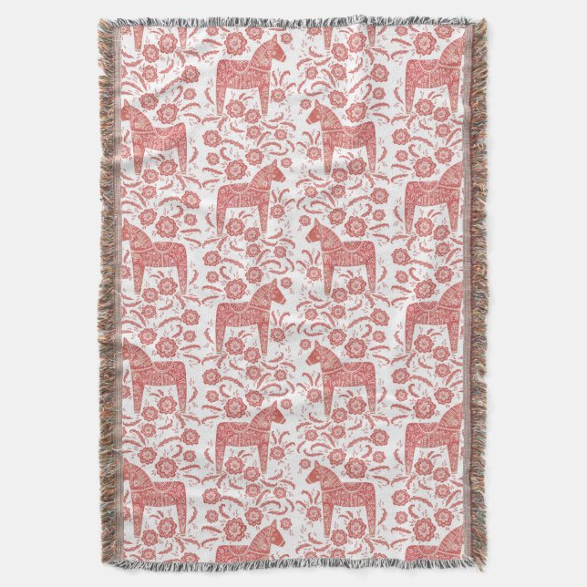 Swedish Dala Horse Red and White Throw Blanket (Front Vertical)