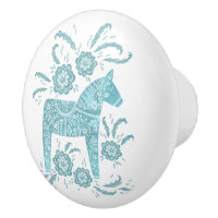 Swedish Dala Horse Teal and White Ceramic Knob