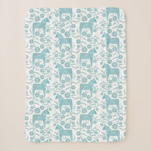 Swedish Dala Horse Teal and White Sherpa Blanket