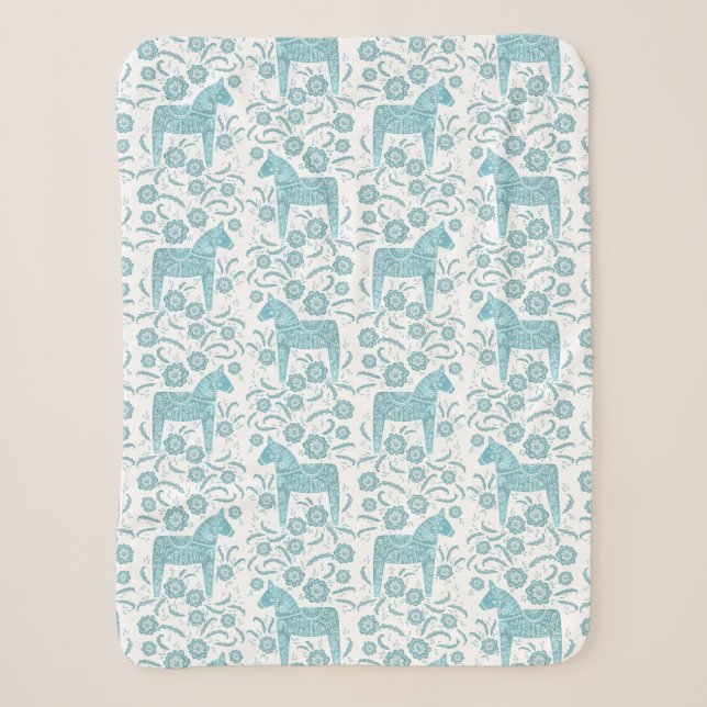 Swedish Dala Horse Teal and White Sherpa Blanket (Front)