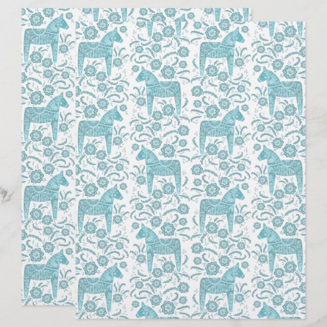 Swedish Dala Horse Teal Folk Art Scrapbook Paper (Front/Back)