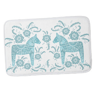 Swedish Dala Horse Teal Green and White Bath Mat