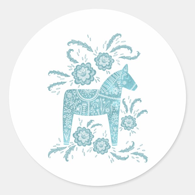 Swedish Dala Horse Teal Green and White Classic Round Sticker (Front)