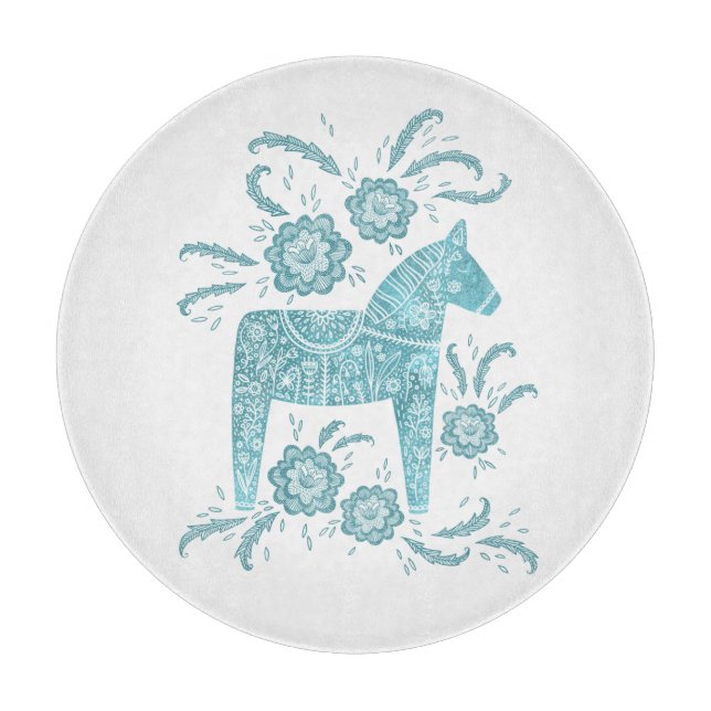 Swedish Dala Horse Teal Green and White Cutting Board (Front)