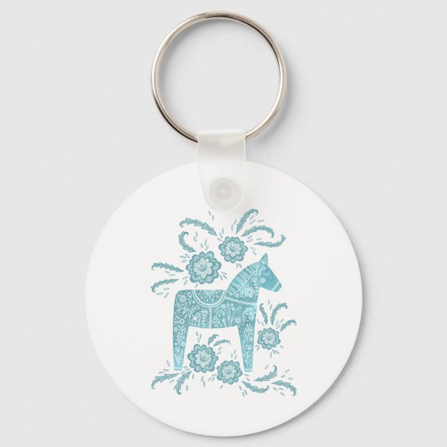 Swedish Dala Horse Teal Green and White Keychain (Front)
