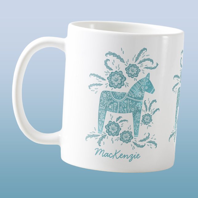 Swedish Dala Horse Teal Personalized Coffee Mug (Creator Uploaded)