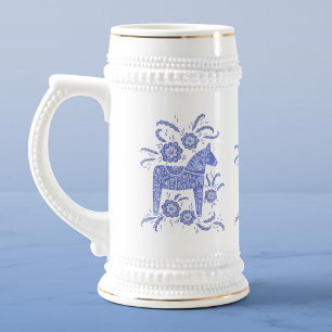Swedish Dala Horses Periwinkle Blue and White Beer Stein