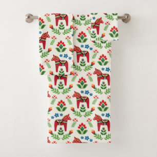 Swedish Dala Horses Red Bath Towel Set
