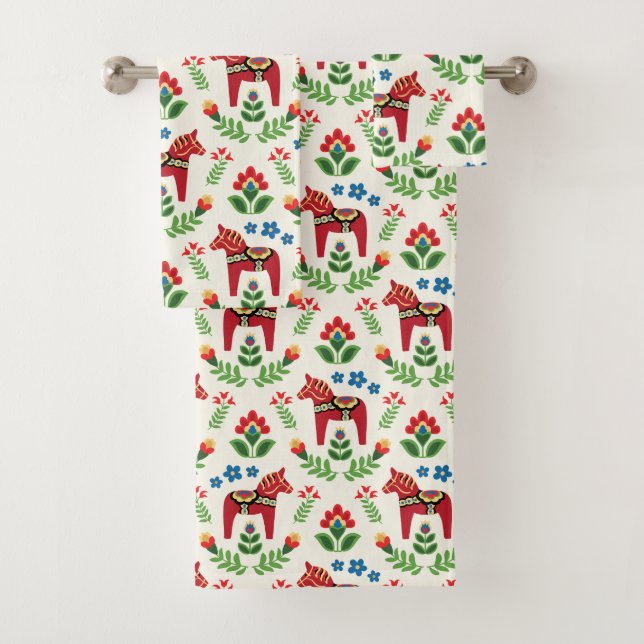 Swedish Dala Horses Red Bath Towel Set (Insitu)