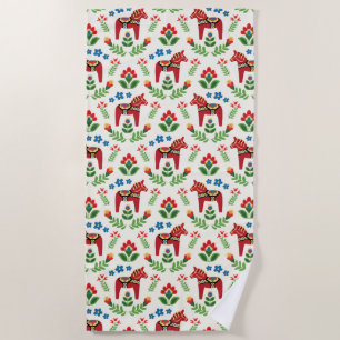 Swedish Dala Horses Red Beach Towel