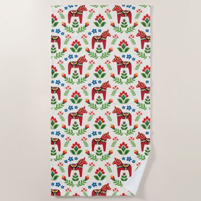 Swedish Dala Horses Red Beach Towel (Front)