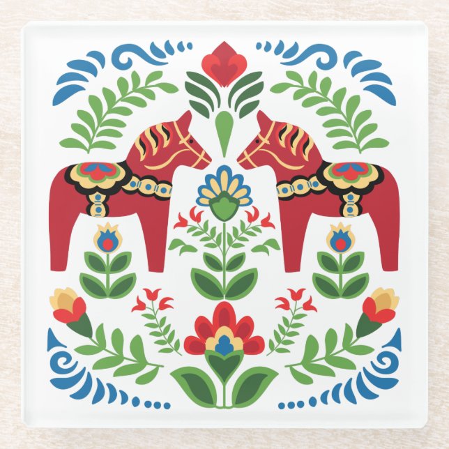 Swedish Dala Horses Red Glass Coaster (Front)