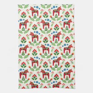 Swedish Dala Horses Red Kitchen Towel