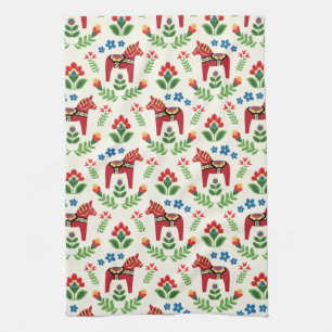 Swedish Dala Horses Red Kitchen Towel