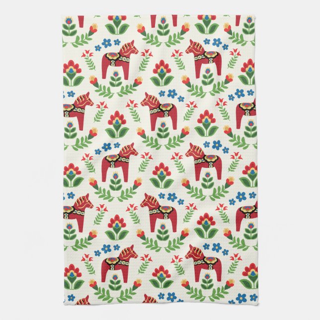 Swedish Dala Horses Red Kitchen Towel (Vertical)