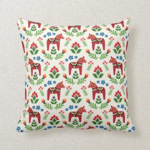 Swedish Dala Horses Red Throw Pillow