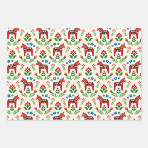 Swedish Dala Horses Red Wrapping Paper Sheet