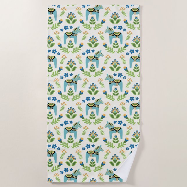 Swedish Dala Horses Teal Beach Towel (Front)