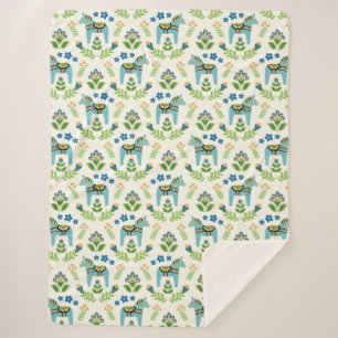 Swedish Dala Horses Teal Sherpa Blanket