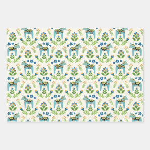 Swedish Dala Horses Teal  Wrapping Paper Sheet