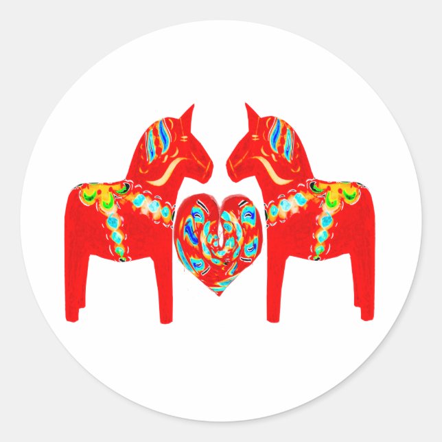 Swedish Dala Horses w Heart Classic Round Sticker (Front)