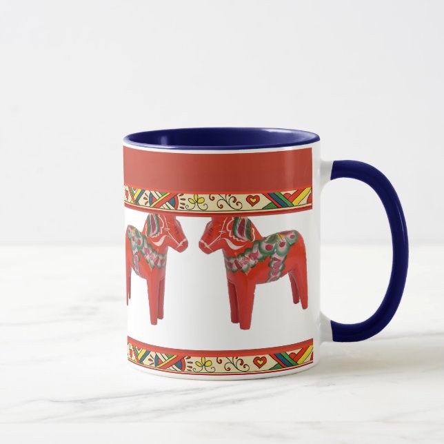Swedish Dala Horses with Christmas Folk Art Border Mug (Right)