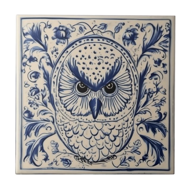  Swedish Dala owl Blue and White nouveau Tile (Front)