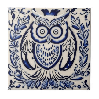 Swedish Dala owl Blue and White nouveau Tile